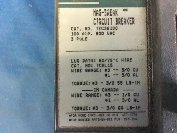 TEC36100 General Electric 600V 100A Mag-Break TEC Circuit Breaker Molded Case