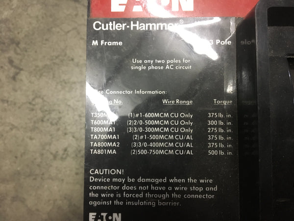 Cutler-Hammer Eaton MS-Y MS36080YA Circuit Breaker 800A 600VAC 3P