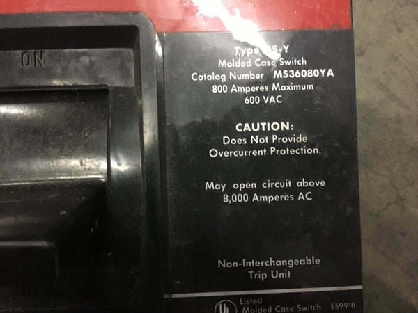 Cutler-Hammer Eaton MS-Y MS36080YA Circuit Breaker 800A 600VAC 3P