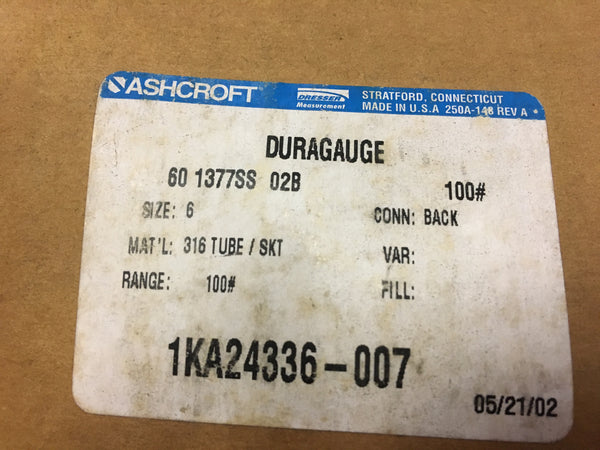Ashcroft 60-1377SS02B100 Dial Indicating Pressure Gage NSN:6685-01-008-7584