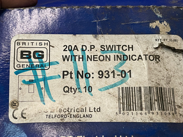 BG Electrical 931-01 D.P. Switch With Neon Indicator 20A 250V
