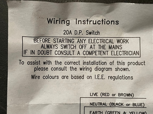 BG Electrical 931-01 D.P. Switch With Neon Indicator 20A 250V