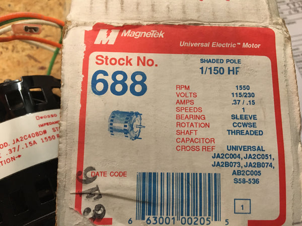 New Magnetek 1/150 HP Blower Motor, Stock # 688 Model # JA2C408D NSN:6105-00-032-0361