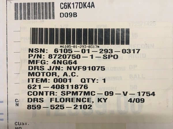 Leeson 1.5HP Motor Current NSN:6105-01-293-0317 P/N:8720750-1