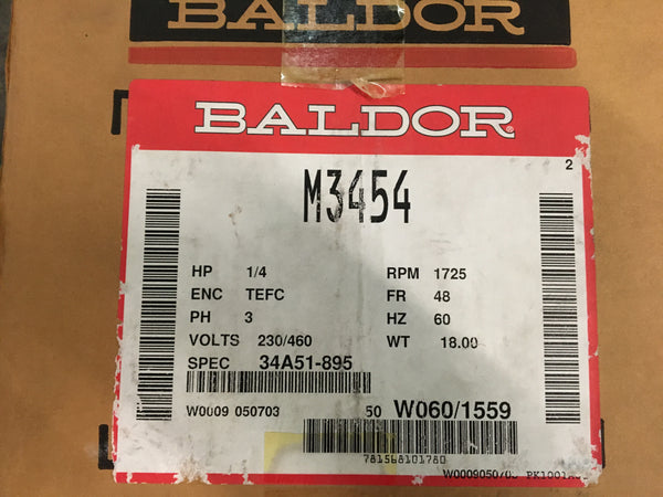 NEW!!! Baldor M3454 Motor 1/4HP 1725 RPM 230/460V TEFC NSN: 6105-01-250-5139