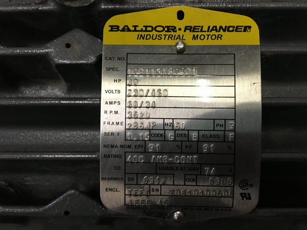 NEW!!! 30HP Baldor-Reliance Industrial Motor, 3520RPM, 230/460V< 3ph, FR:286JP