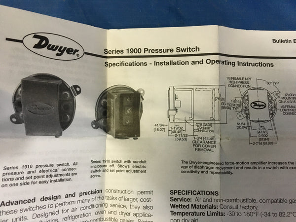 Dwyer 1900 Series Pressure Switch Model:1911-0